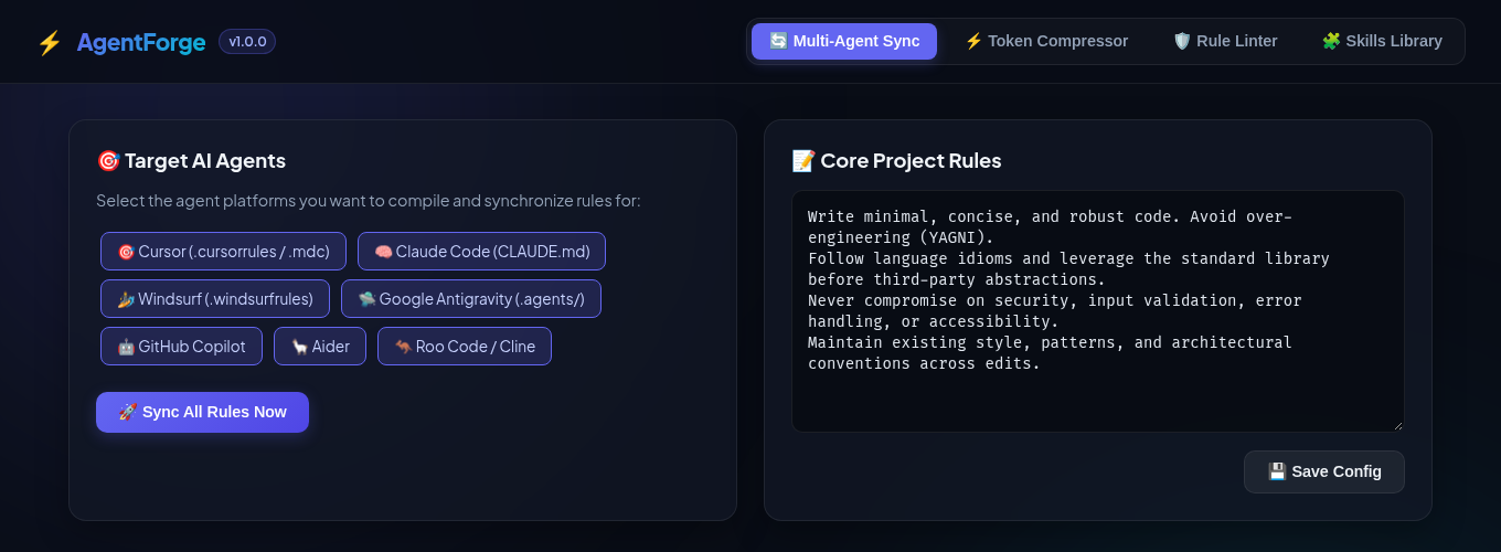 AgentForge Web Studio: target agents and core project rules