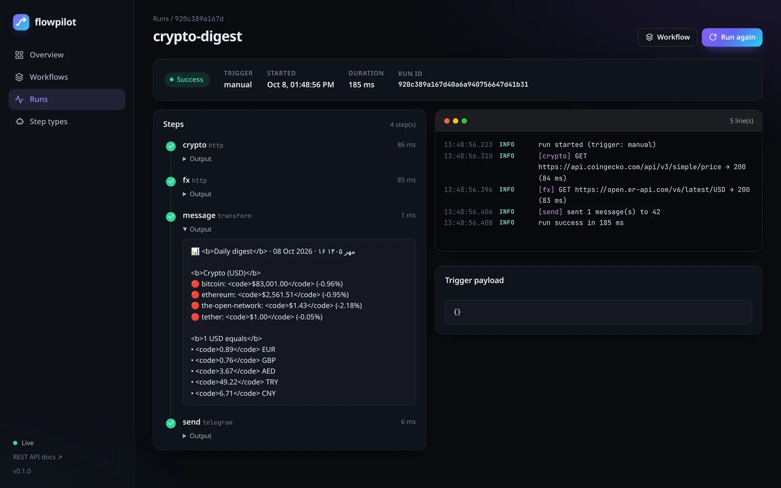 Run detail with live logs