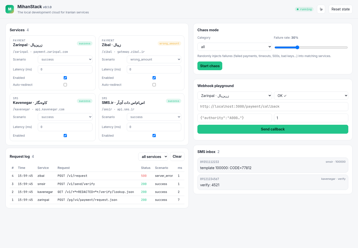 MihanStack dashboard: services with scenario switches, live request log and SMS inbox